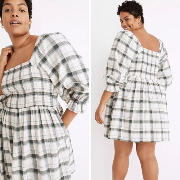 NEW Madewell Lucie Elbow-Sleeve Smocked Mini Dress in Lebaum‎ Plaid, XL - Picture 1 of 16